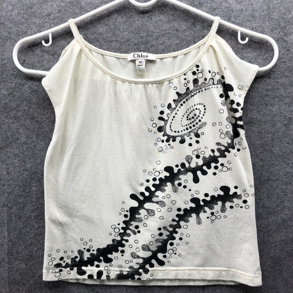 Vintage Chloe‎ Y2K Cold Shoulder Top Womens 40 (8) Ivory Abstract Print Tank